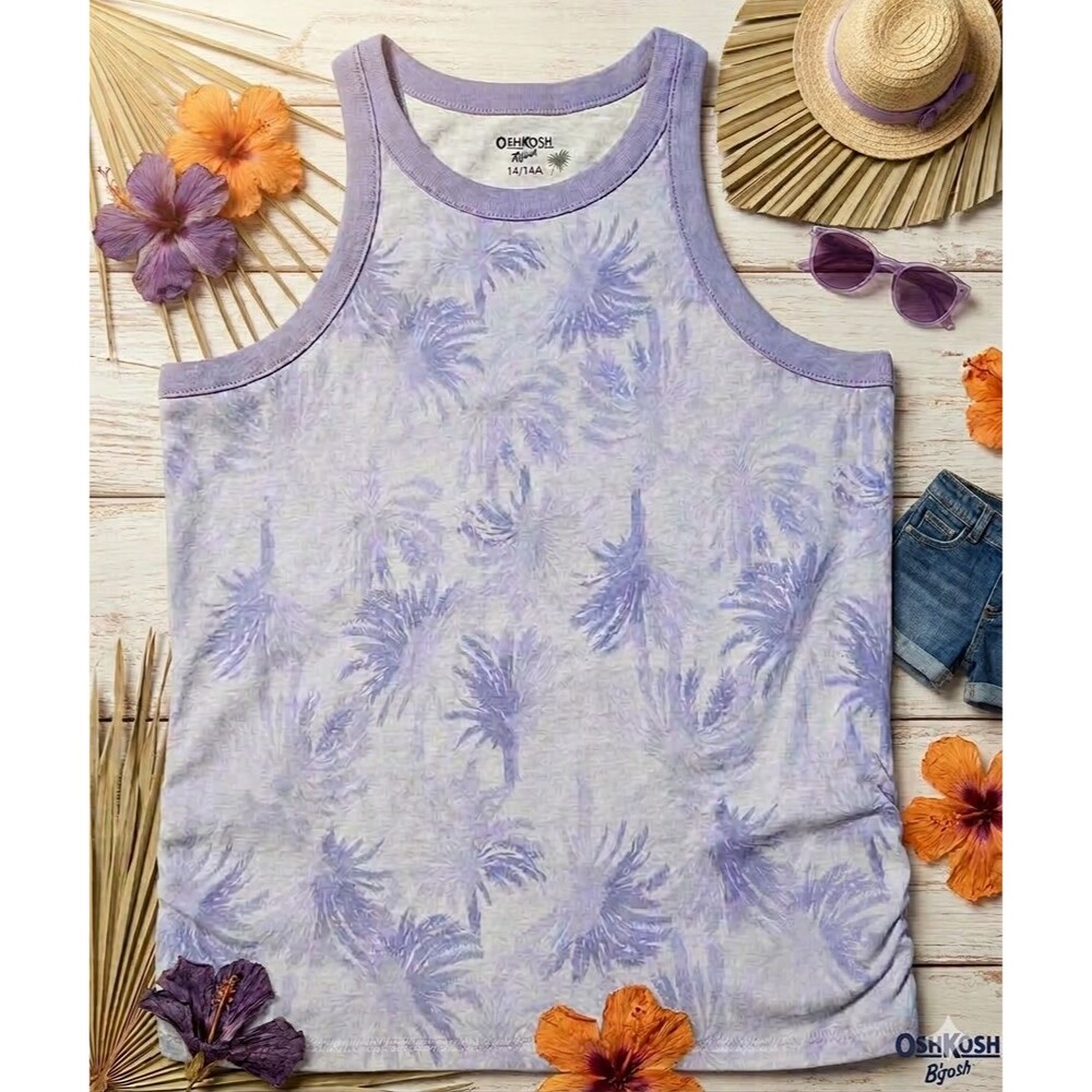 OshKosh Girl 14 Purple Palm Tree Racer Back Tank Top Hawaiian Beach Summer Shirt